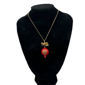 Vintage Red Enamel Christmas Ornament Pendant Necklace Bow Gold Tone Dangle